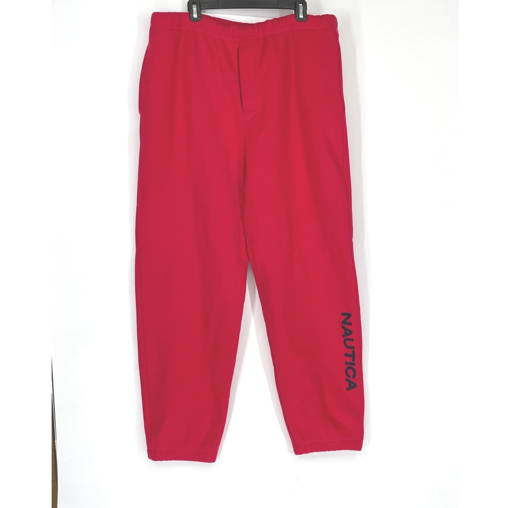 Nautica Mens‎ Sweatpants XL Joggers Spell Out Red Logo Fleece NS 83 Pockets